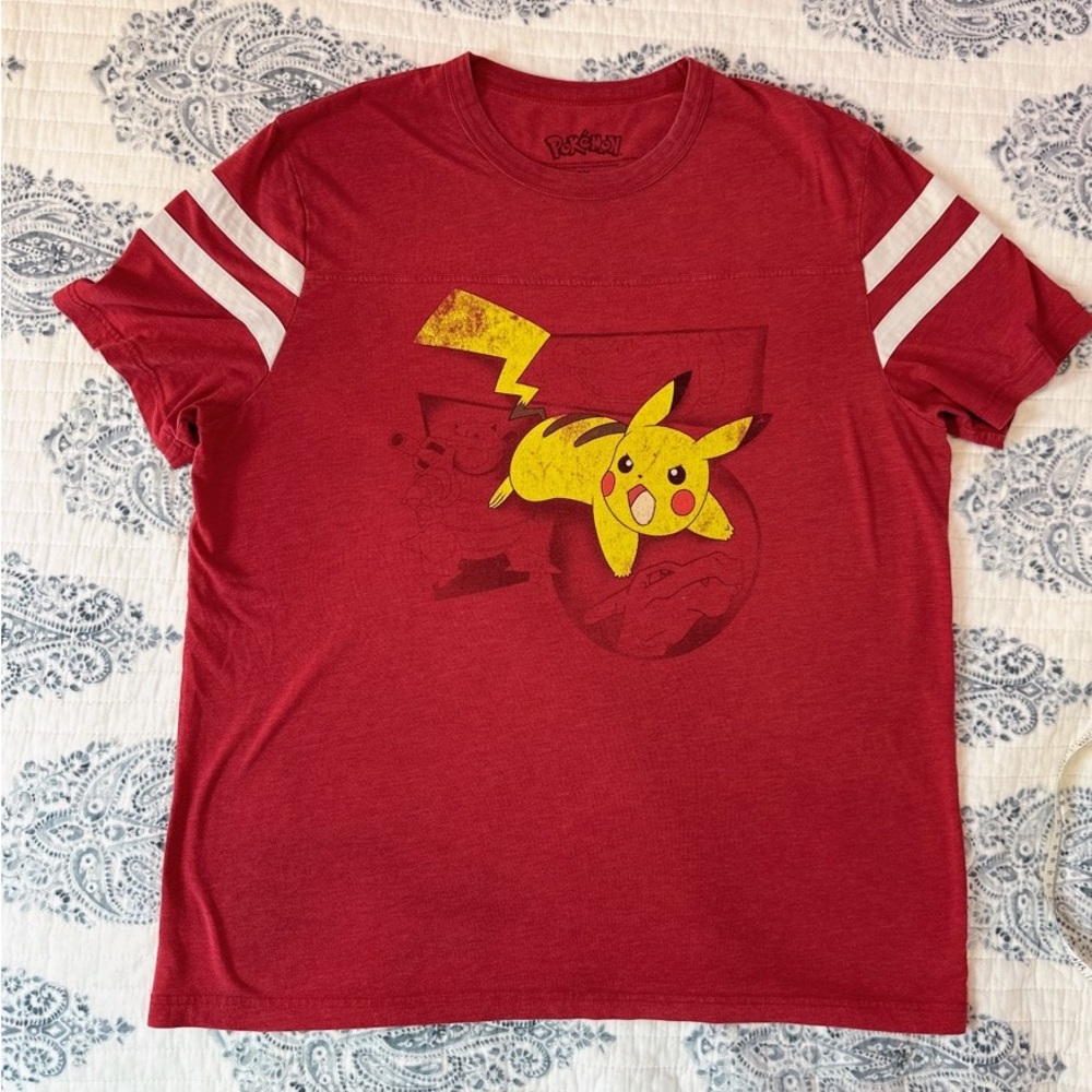 Pokemon Pikachu Graphic T Shirt Mens 2X Red‎ Varsity Stripe Sleeve Tee